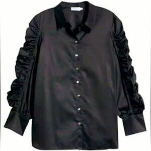 Harshman NEW Juliana Ruched Long Sleeve‎ Button-Front Shirt Black Sz 1X MSRP$219